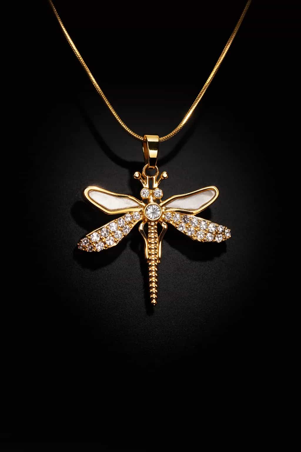 Golden Dragonfly Crystal Pendant Necklace