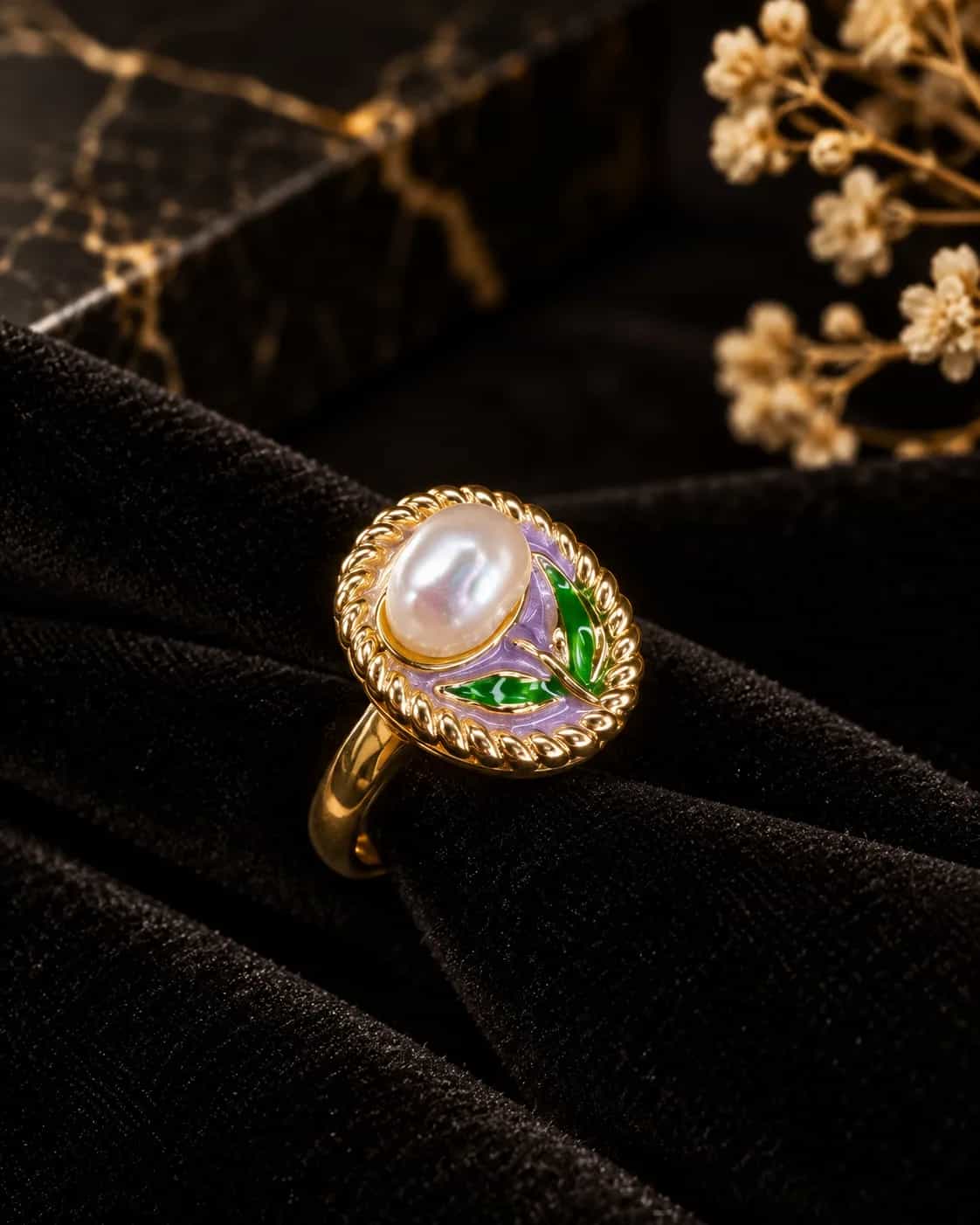 Enchanted Pearl Floral Enamel Ring