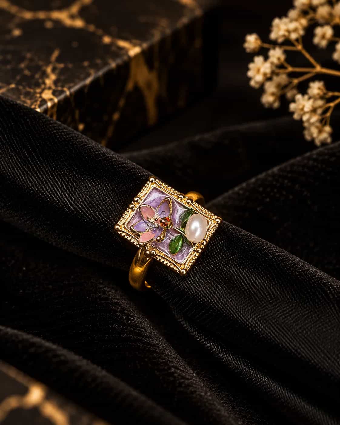 Floral Pearl Enamel Ring
