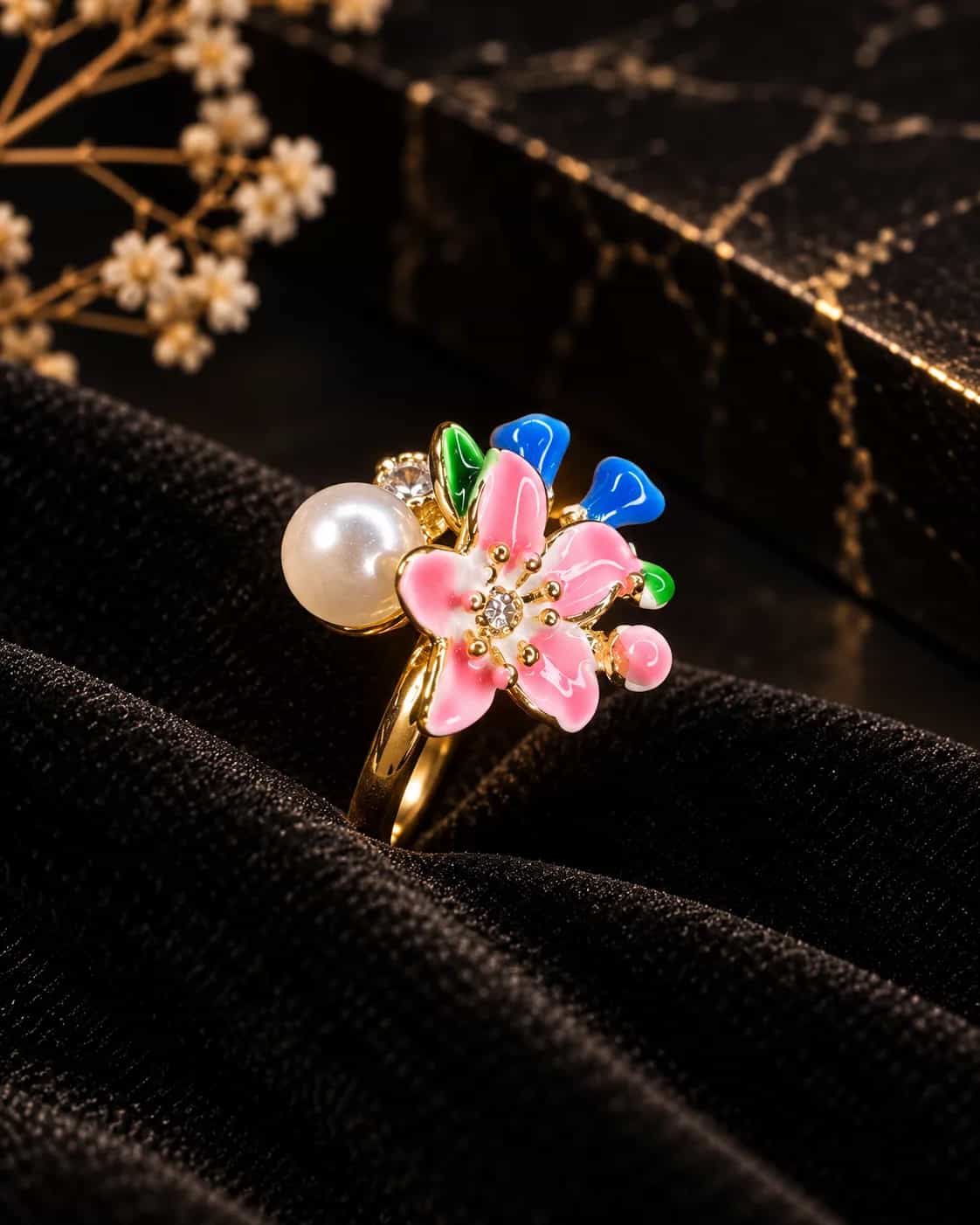 Pink Floral Pearl Statement Ring