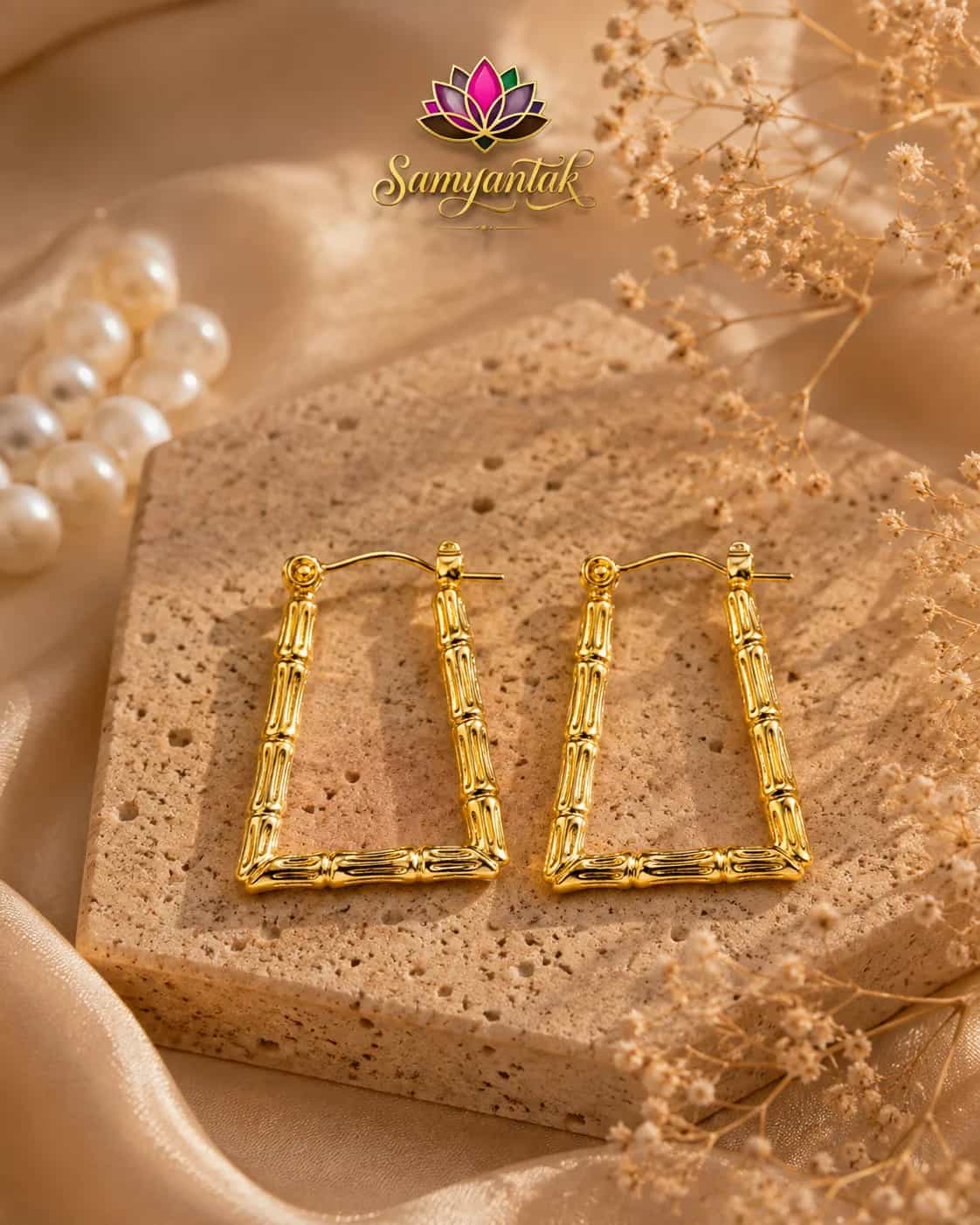 Golden Bamboo Square Hoop Earrings