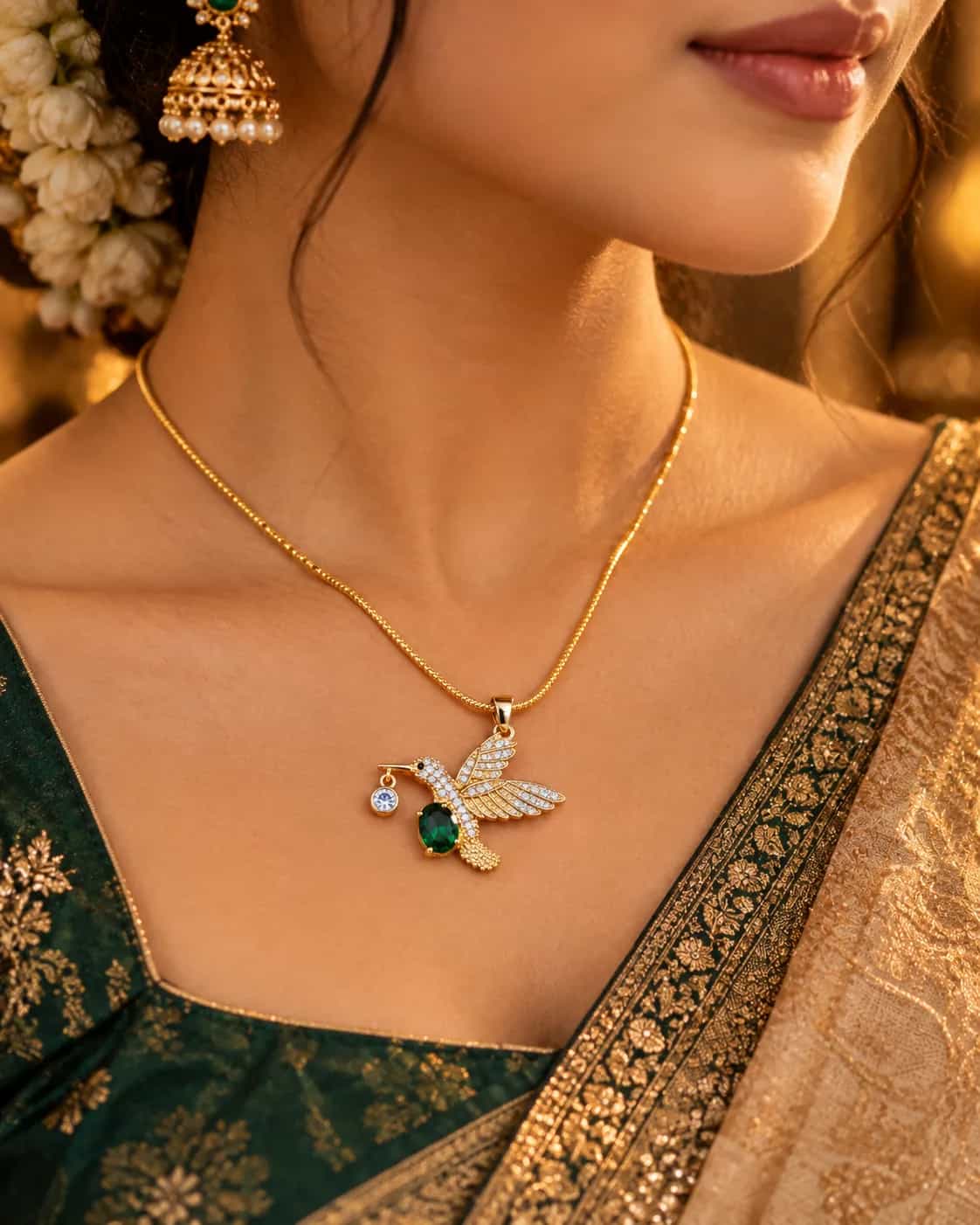 Emerald Hummingbird Crystal Pendant Necklace