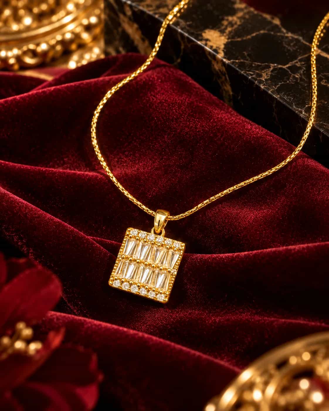 Gold Rectangular Crystal Pendant Necklace