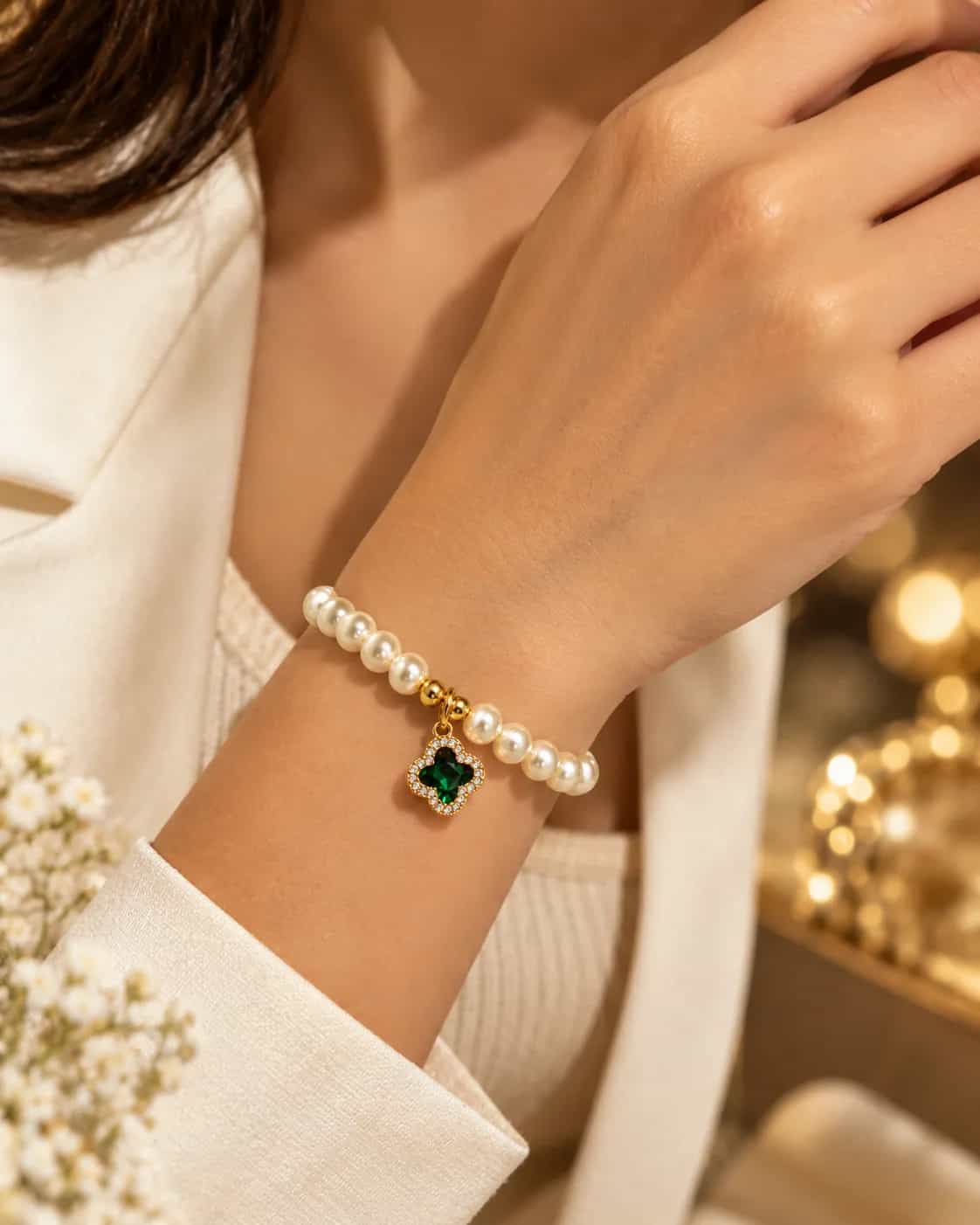 Pearl Bracelet with Emerald Green Hanging Charm