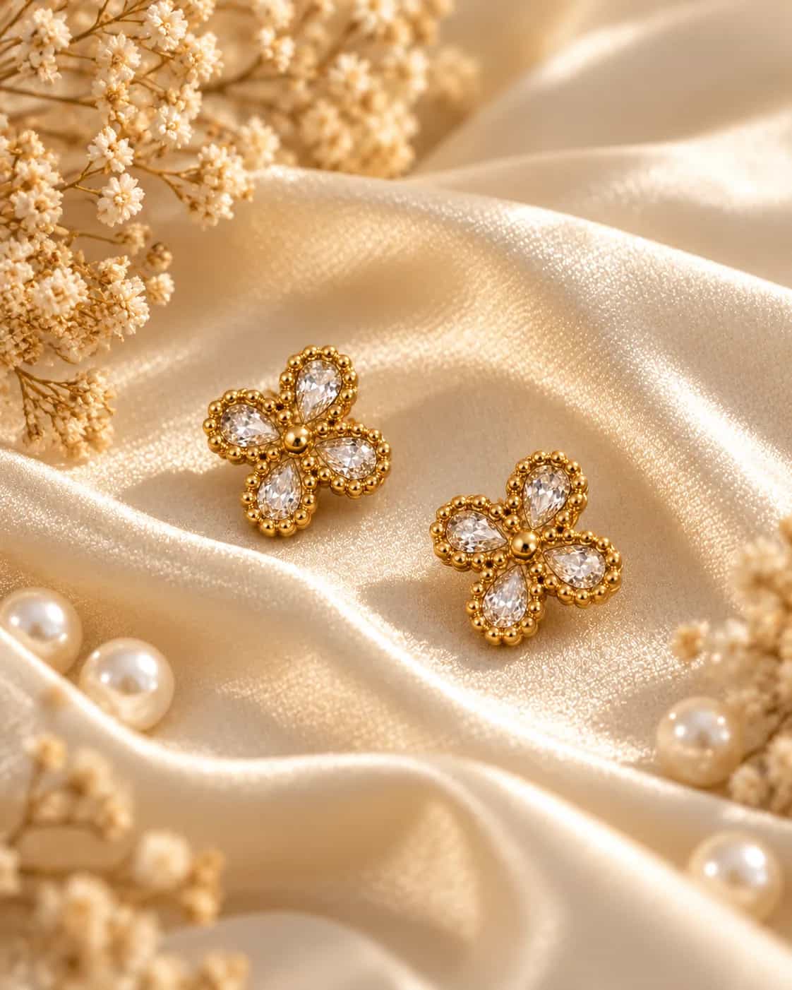 Golden Teardrop Floral Stud Earrings