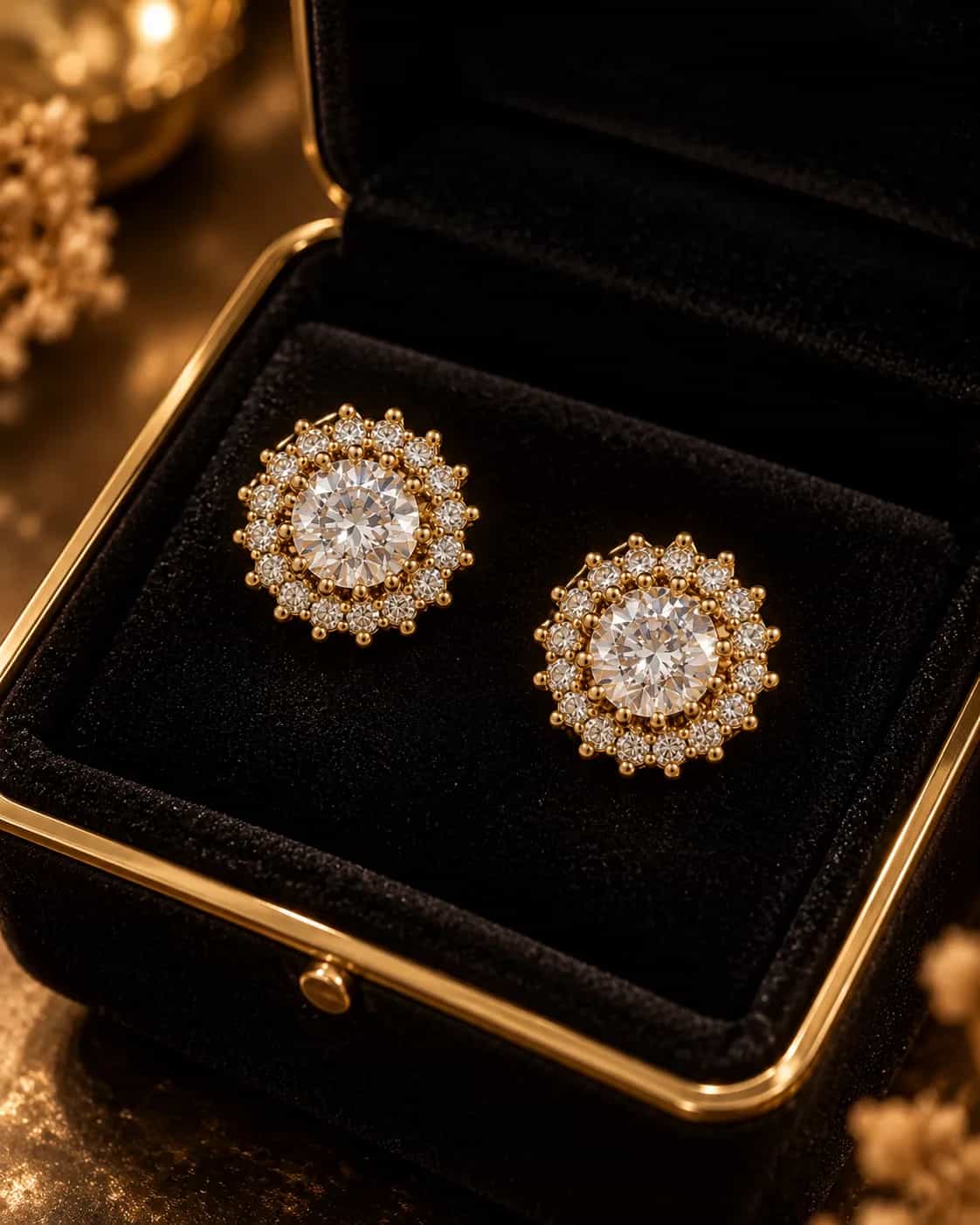 Golden Crystal Halo Stud Earrings