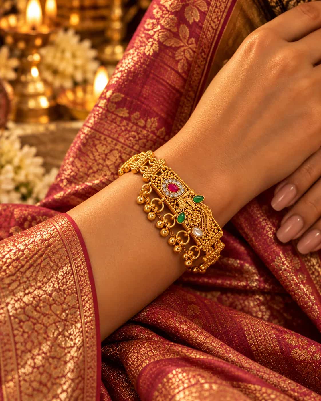 Royal Gold Peacock Floral Charm Bracelet