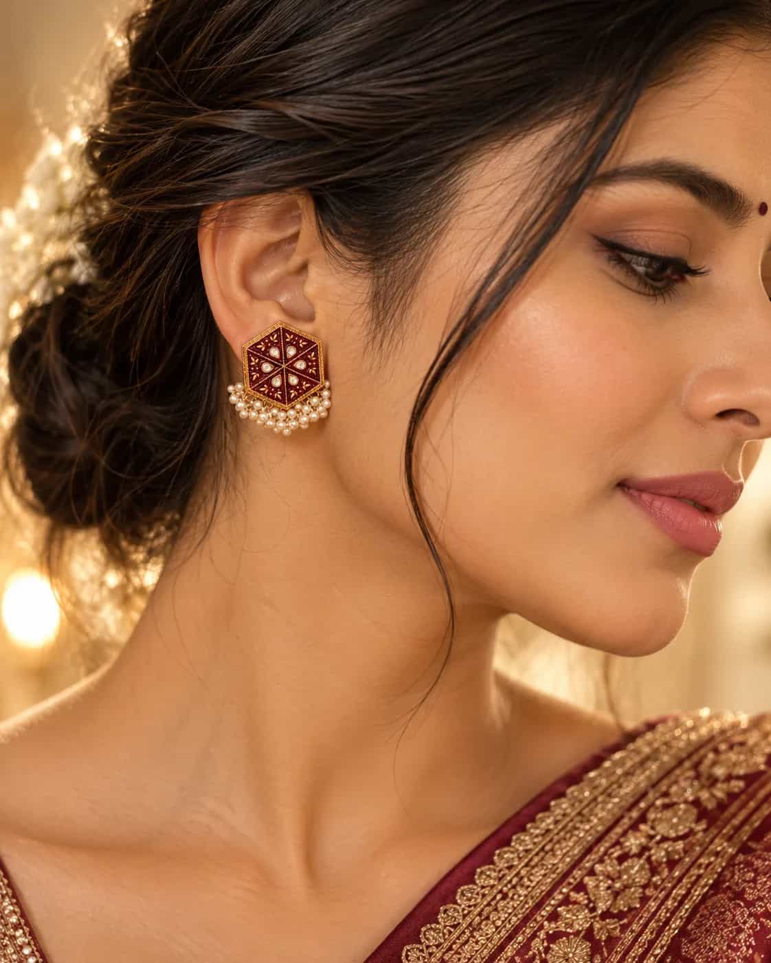 Hexagon Pearl Drop Stud Earrings