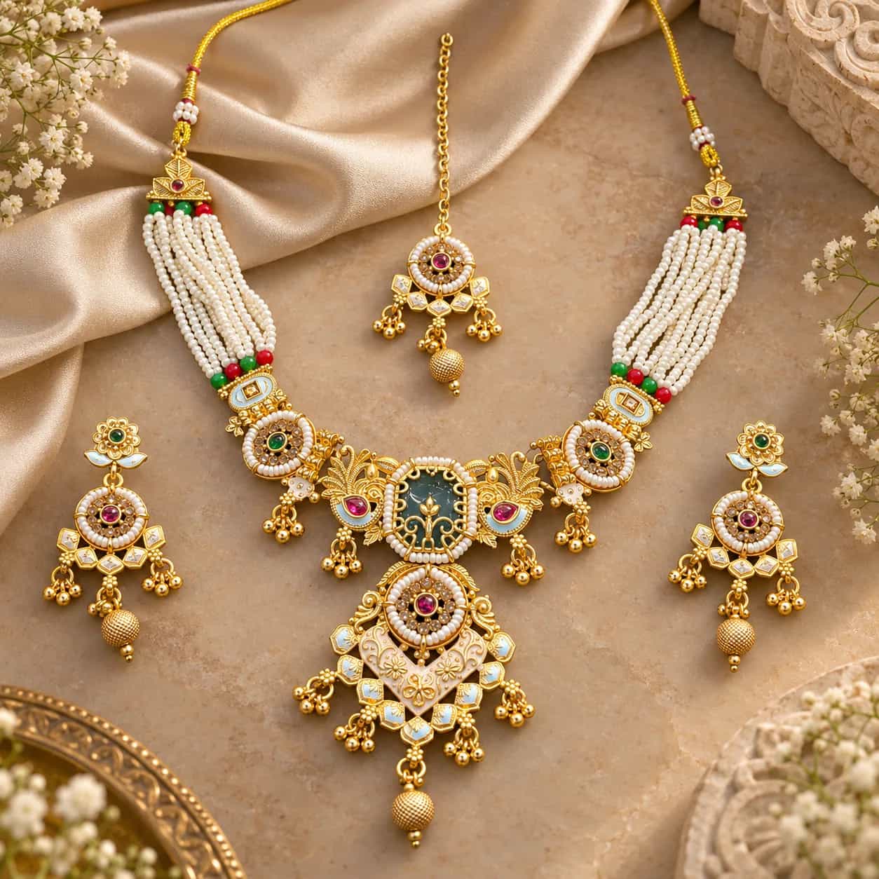 Royal Pearl & Kundan Necklace Set with Maang Tikka