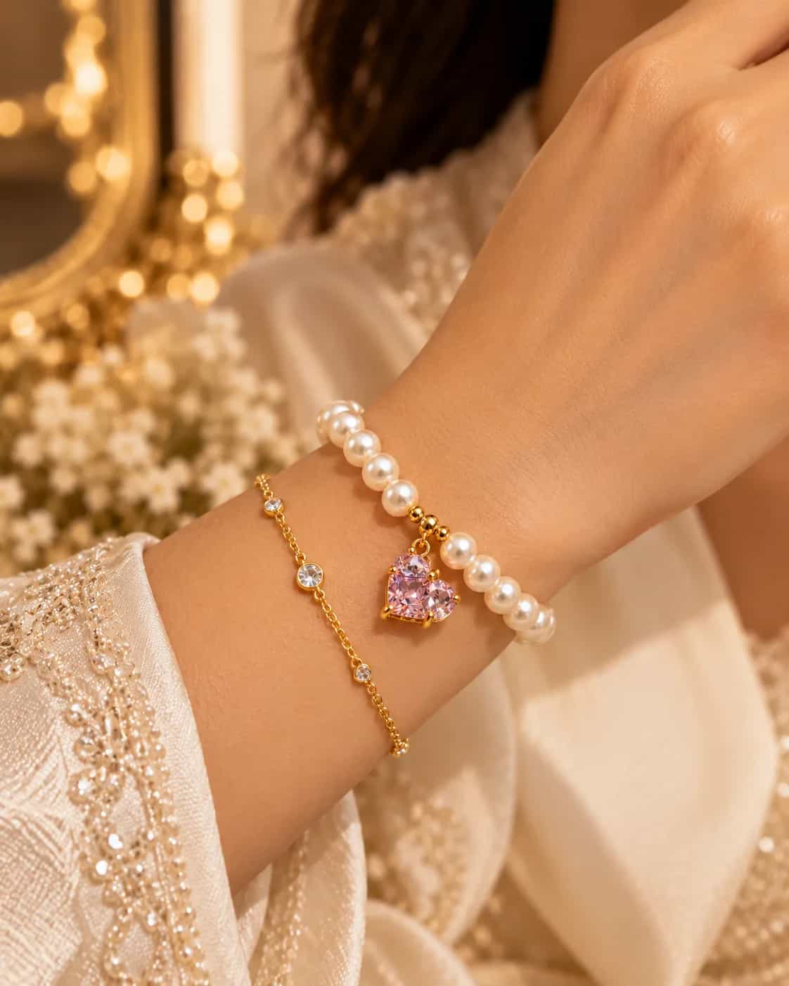 Pearl Bracelet with Pink Heart Charm