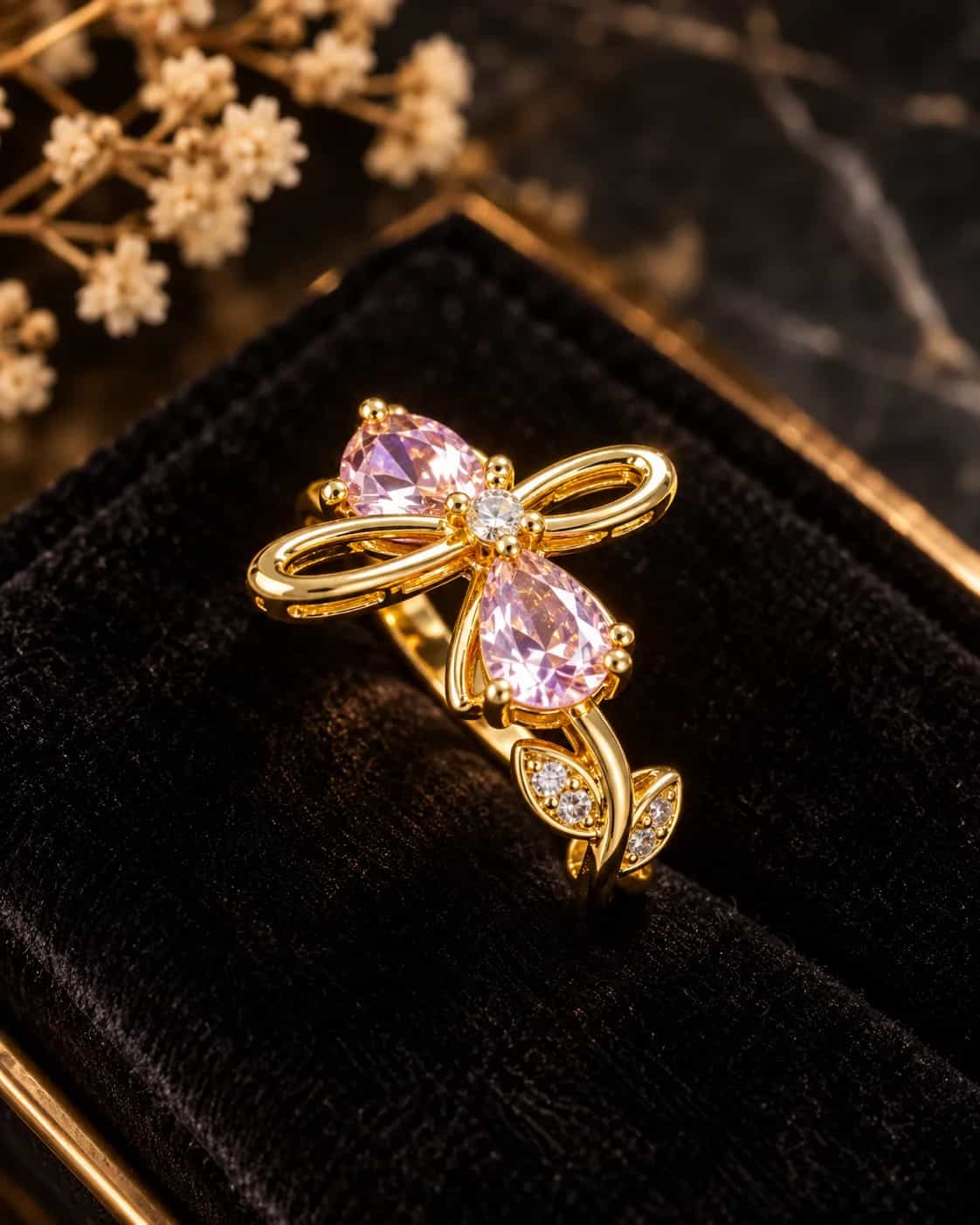 Pink Crystal Floral Bow Ring