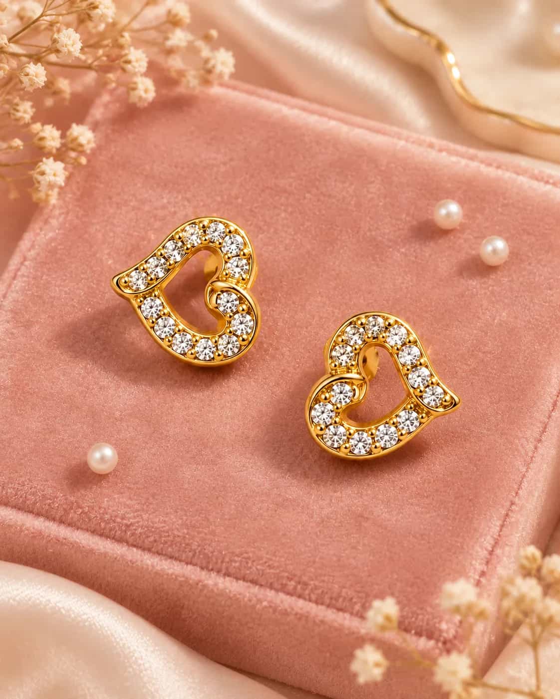 Sparkling Gold Heart Stud Earrings