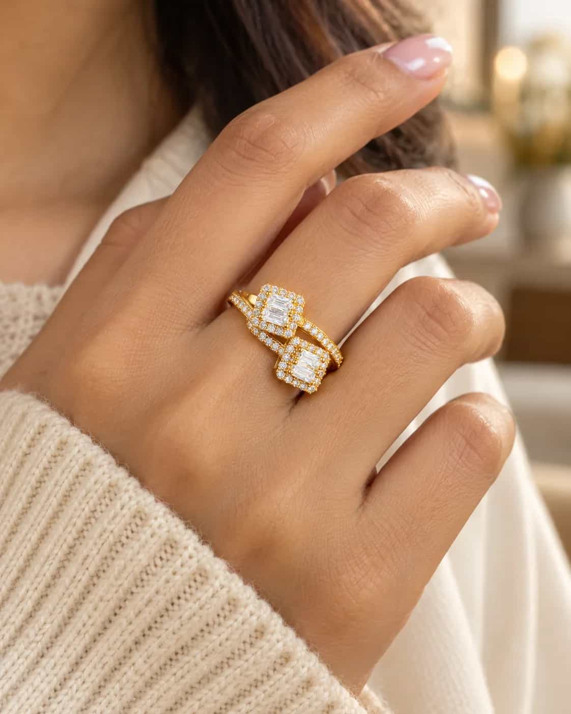 Golden Twin Halo Crystal Ring